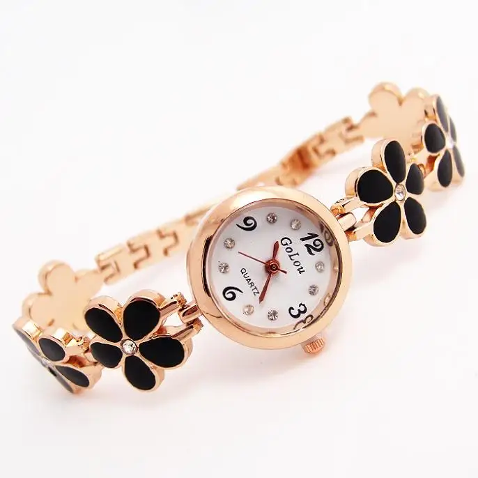 Горячая Распродажа розовое золото цветок браслет часы женские модные кварцевые