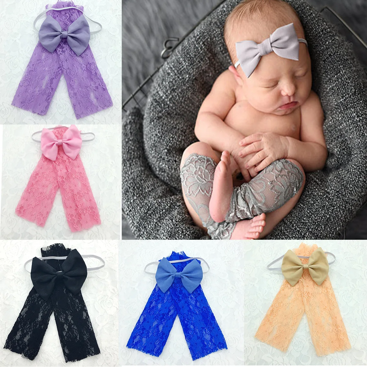 Baby Lace Leg Warmers Set Photo Prop Headband Bow Sleeve Studio Newborn Girl Print Photography Accessories X | Детская одежда и