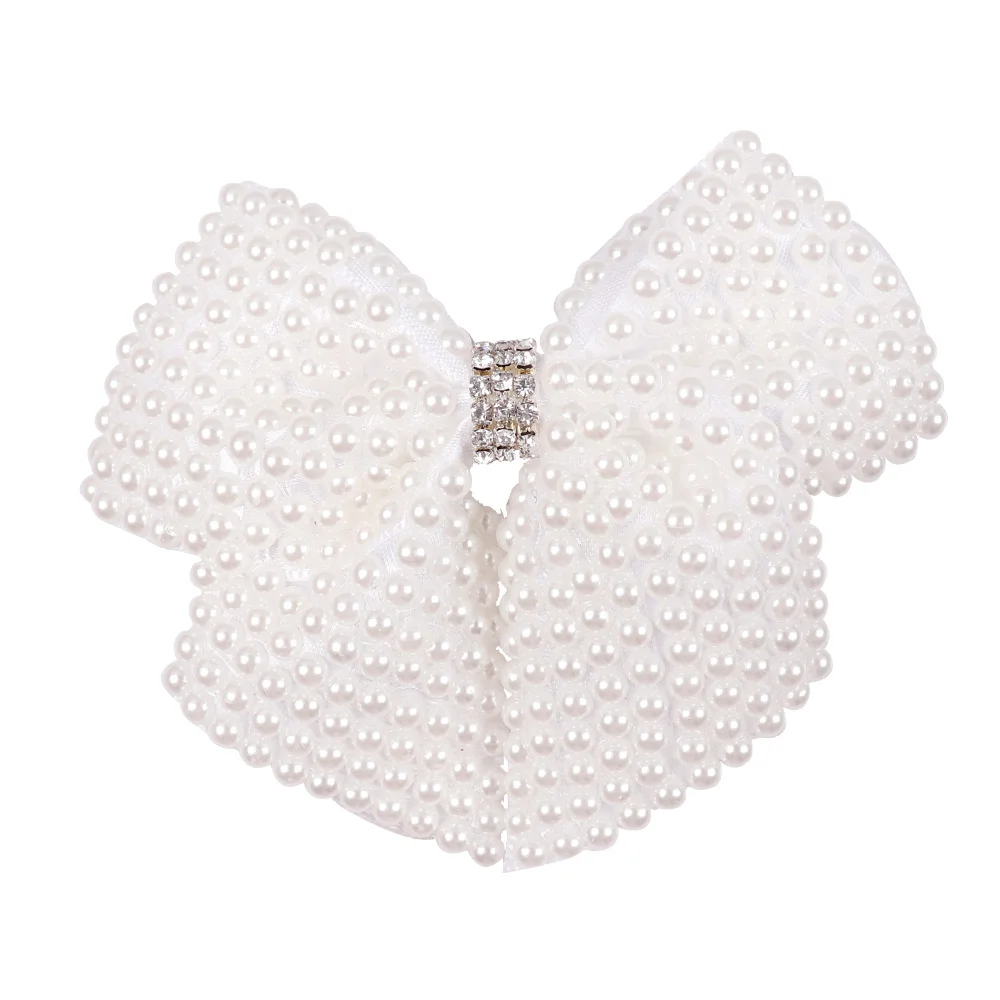 Boutique Lovely White Pearl Hairbow Solid Chic Bowknot With Clips Central Rhinestone Hairbows For Princess Hair Accessories | Аксессуары