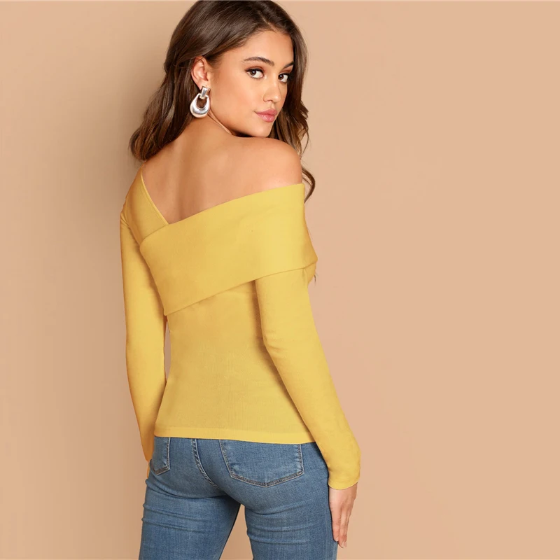 SHEIN, белая Асимметричная Однотонная футболка с круглым вырезом, вязанная в рубчик, приталенный, вечерние, Повседневный пуловер, рубашка с длинным рукавом, осень, женская футболка, Топ