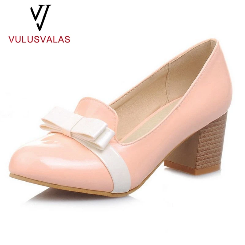 VulusValas Size 33-43 Elegant Women Bowknot High Heel Shoes Round Toe Bowtie Patent Leather Thick Pumps Office | Обувь