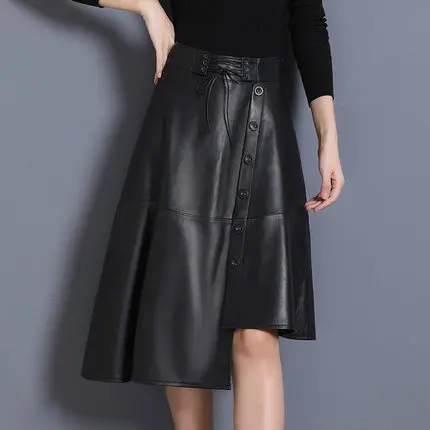 

2019 Women High Waist Slim Genuine Sheep Leather Skirt P8