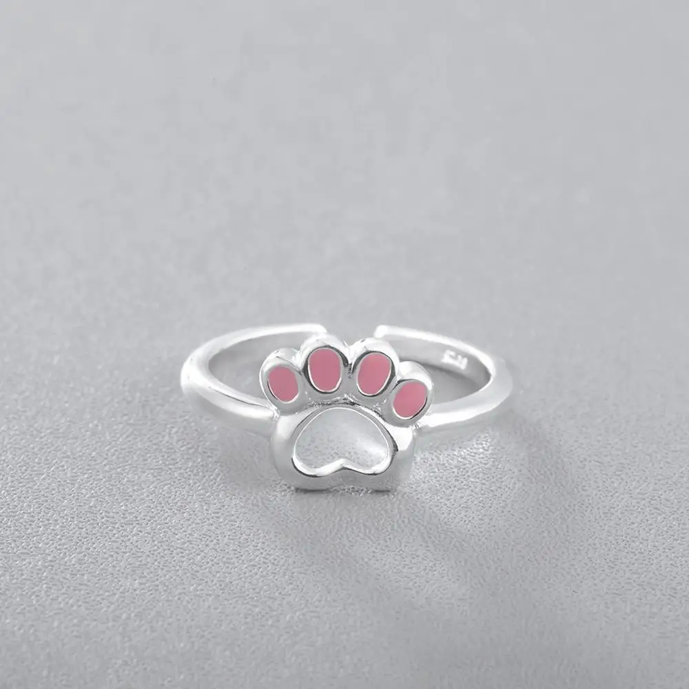 Charms S925 Silver Cute Pets Cat Dog Footprints Heart Paw Print rings for Women Creative Party sterling jewelry | Украшения и
