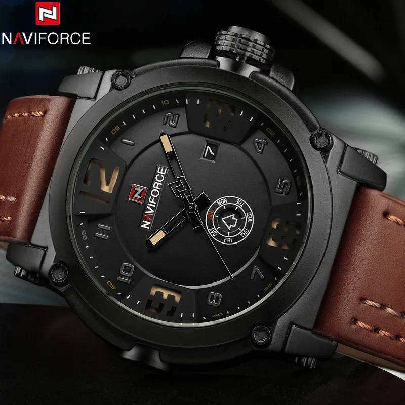 NAVIFORCE Брендовые Часы мужские военные спортивные Водонепроницаемые кожаные
