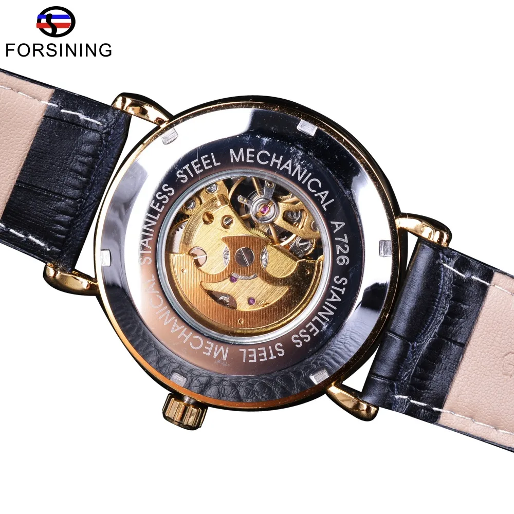 Forsining Men's Automatic Mechanical Watch Classic Golden Openwork Dial Black Genuine Leather Strap Transparent Case Wrist | Наручные