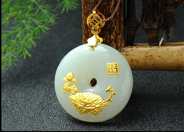 100% Natural Nephrite Hetian  and 24K Yellow gold Round Flower Pendant