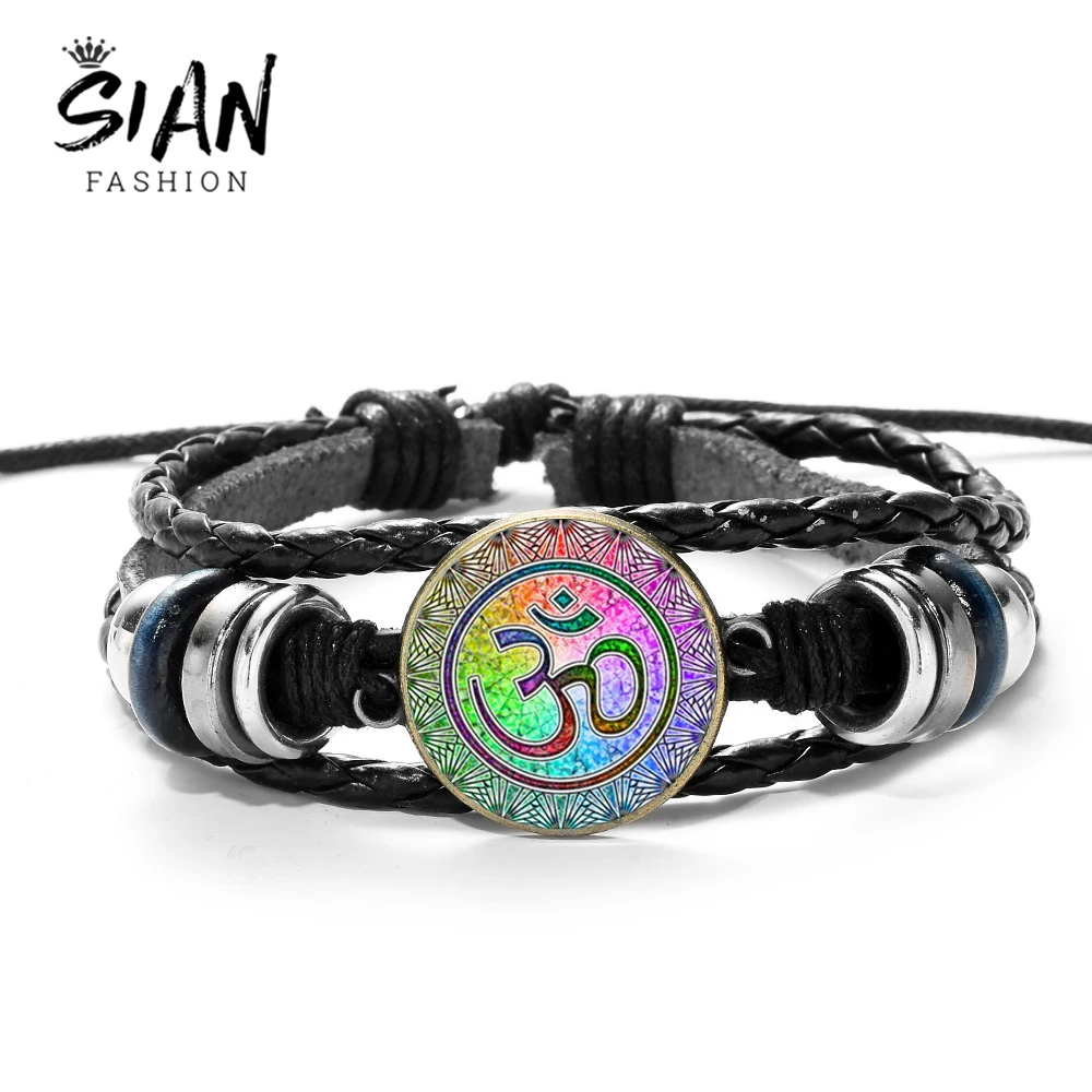 Азиатских Ретро Ом буддийские АУМ браслет OM Женщины Мужчины Черный Повседневный
