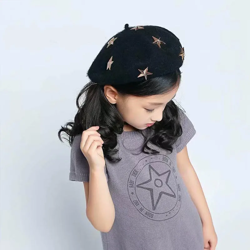 black-stars VISROVER/ г. Детские шерстяные береты для маленьких детей; осенне-зимние шапки для мальчиков и девочек; Новая модная кепка для художника; французская кепка со звездами и цветами - Цвет: black-stars
