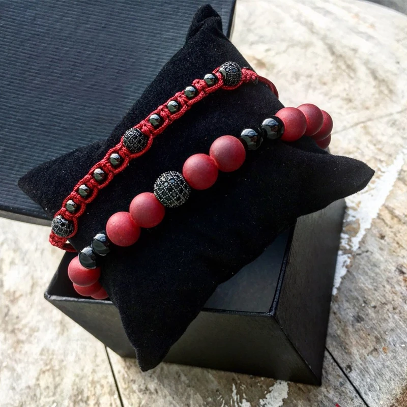 

ATTYIRENA 2pcs/Set Red Beads Male Bracelet Micro CZ Bead Woven Female Bracelet Braiding Macrame Cord Men Bracelet