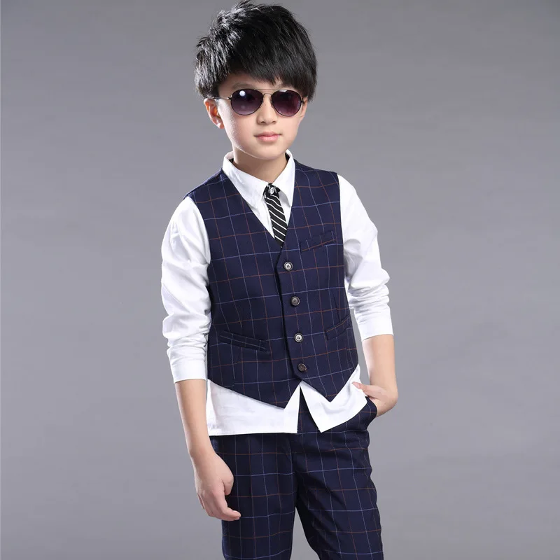 Новый комплект одежды для мальчиков клетчатое пальто жилет и штаны из 3 предметов