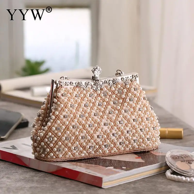 

White Evening Bags Women Clutch Bags Evening Clutch Bags Wedding Bridal Handbag Pearl Beaded Lace Rose Fashion Rhinestone Bags