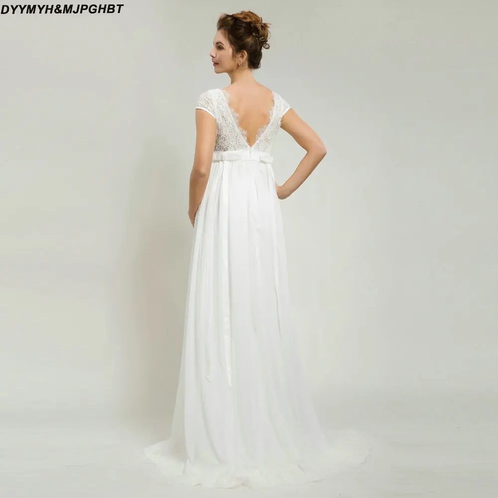 

Vintage Beach Bridal Gowns V Neck Lace Top Cap Sleeve V Back Glamours Chiffon Wedding Gowns