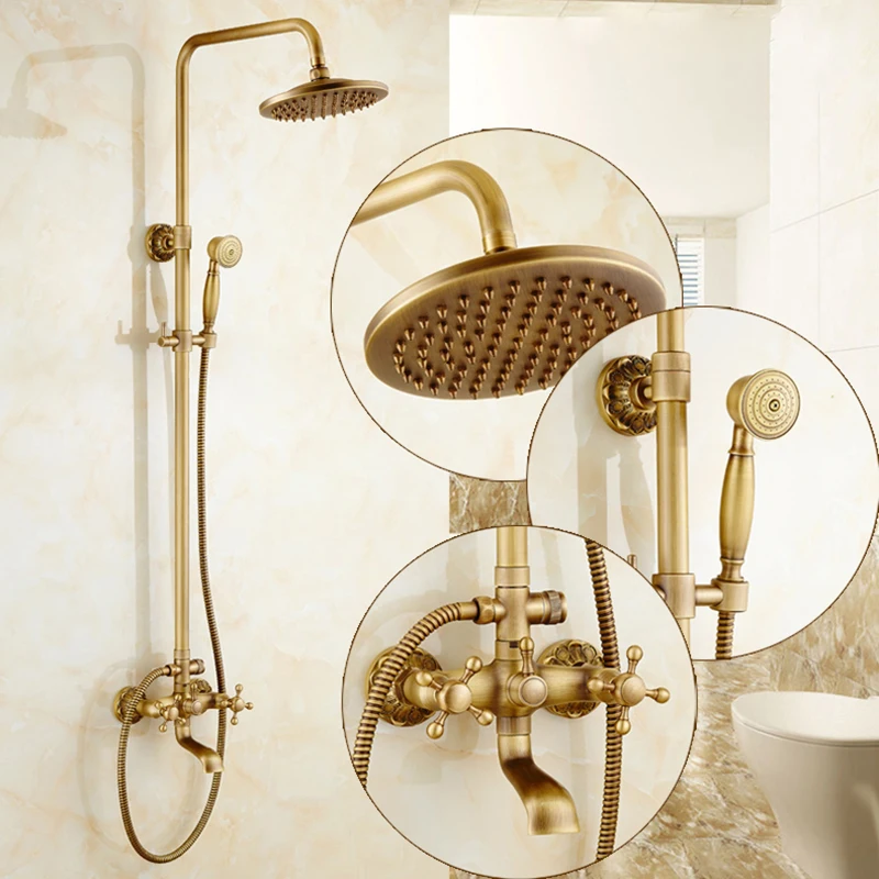 

Shower Faucets Antique Brass Wall Moutned Bathroom Faucets Set 8" Rain Shower Head Round Handheld Bra Bathtub Mixer Ta