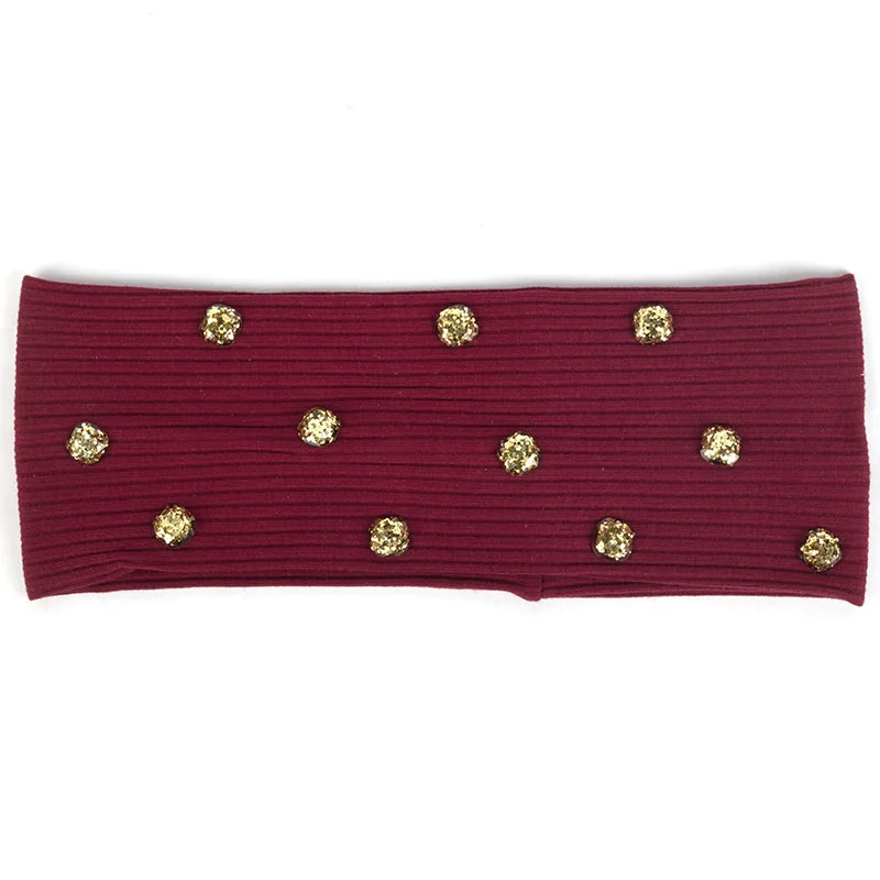 Wine Red Gold Новая модная женская головная повязка, Повседневная смола, блестки для волос, аксессуары для девочек, Женская ребристая повязка для волос, ручная работа, хлопок, эластичная DZ758 - Цвет: Wine Red Gold