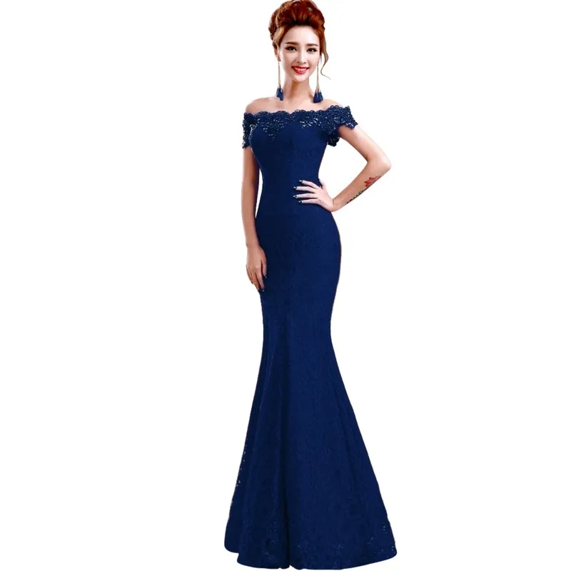 Navy Blue Длинные платья подружек невесты элегантное кружевное свадебное платье русалки с открытыми плечами без рукавов robe demoiseur d'honneur - Цвет: Navy Blue