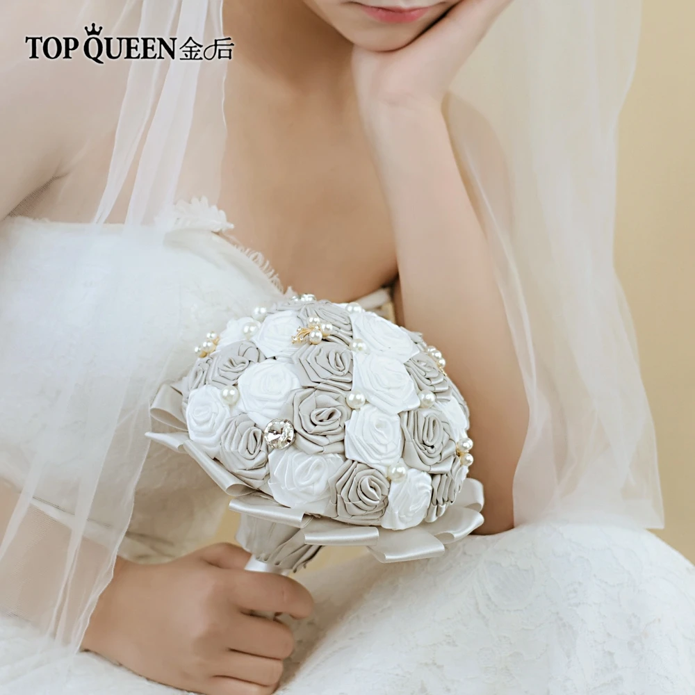 TOPQUEEN F6-GR Потрясающие Свадебные цветы Букеты Свадебные букеты Искусственные белые розы и темно-серые розы и жемчуг