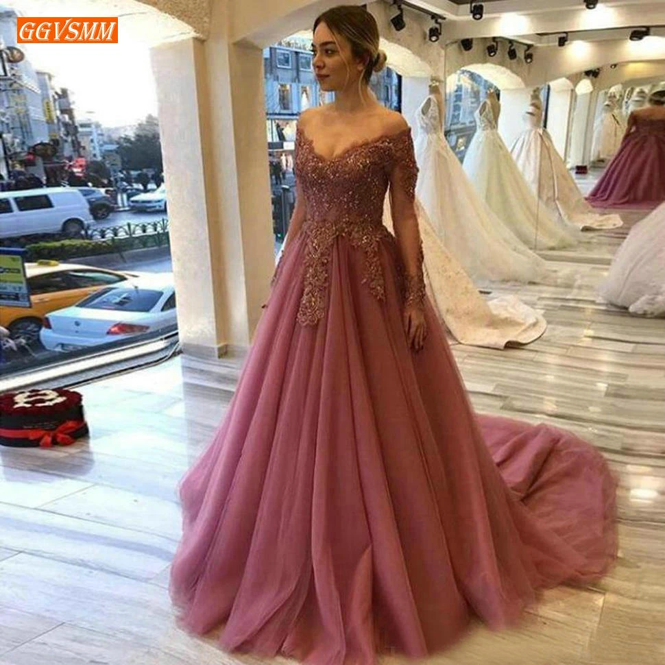 

Aristocratic Off Shoulder Evening Gowns Long Sleeve Lace Appliques A Line Evening Dresses Custom Made Women Party Dress Formal