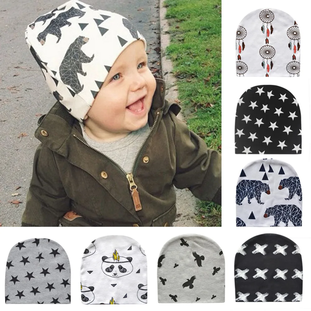 Модные комплекты для новорожденных зимняя теплая шапочка шапка милые принты в