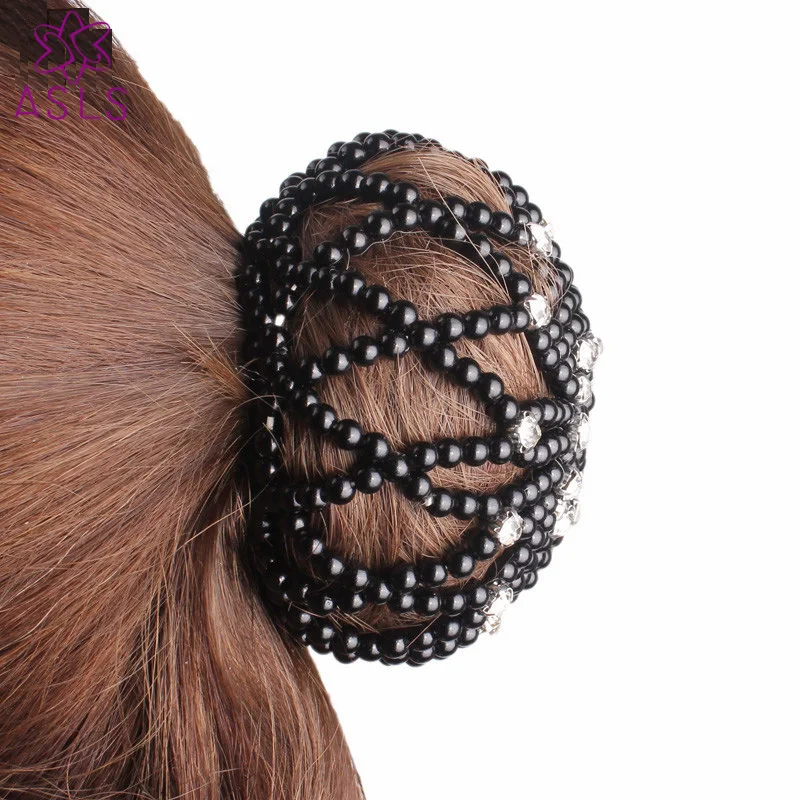 

Wholesale New Lady Elastic hair net with thinestone handmade women crochet pearl hair Snood Net Ballet Bun Hair Covers Ornament