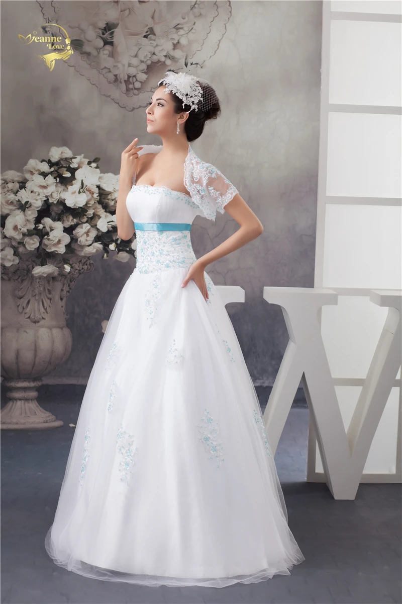 2021 Новое поступление белые свадебные платья с синим кружевными аппликациями без