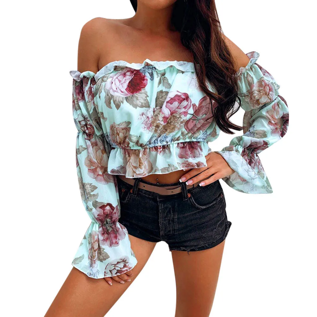 Женская блузка с открытыми плечами YOUYEDIAN летняя цветочным принтом и длинными