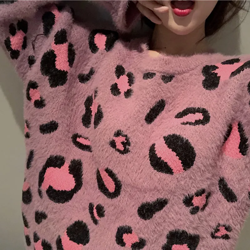 

2021 New Fashion Autumn Winter Women Long Sleeves Pink Leopard Pattern Warm Knit Sweaters O-Neck Pullover Women Knitting Jumpers