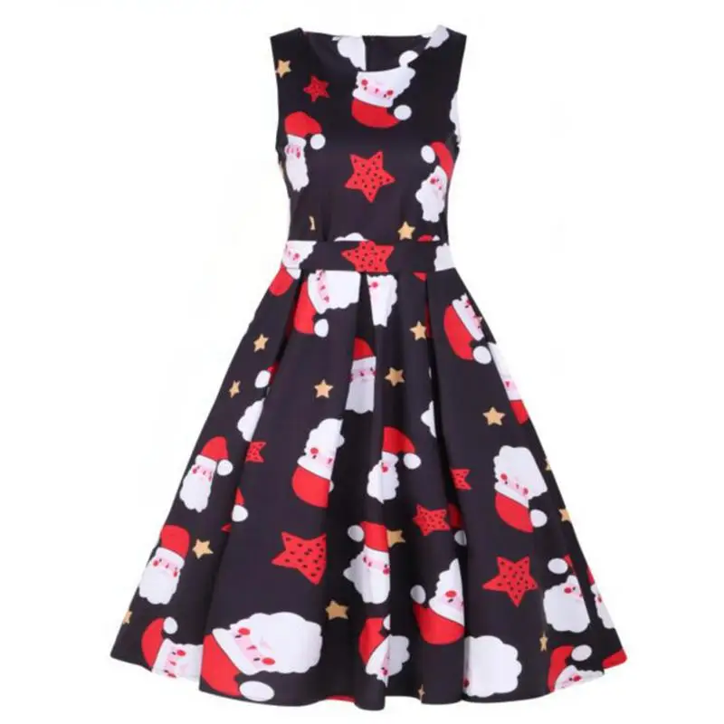 2018 Autumn Retro Round Neck Sleeveless Christmas Print Dress High Waist Pleated | Женская одежда