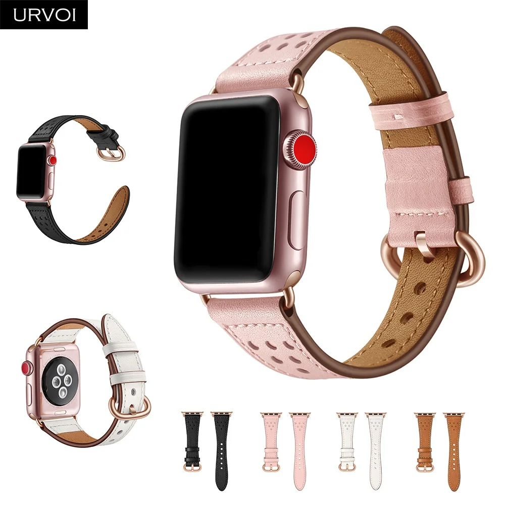 Женский ремешок URVOI для apple watch, Классическая Пряжка, мягкий ремешок из натуральной кожи для iwatch, серия наручных часов 5432, розовое золото, адаптер/Пряжка