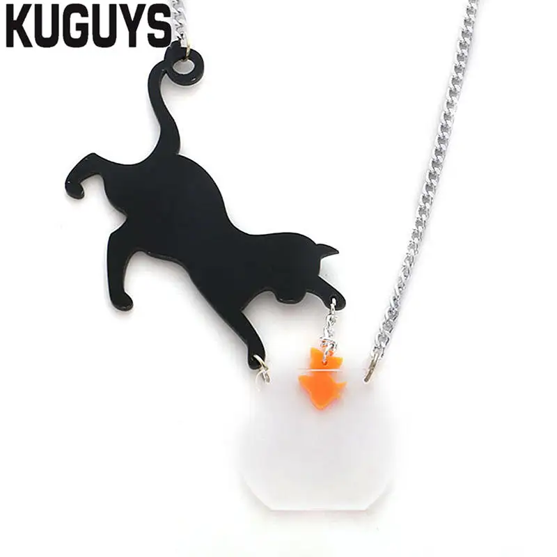 NECKLACE KUGUYS модные ювелирные изделия Черный кот и золотая рыбка ожерелье для женщин модная акриловая цепочка с кулоном цепочка для свитера - Окраска металла: NECKLACE