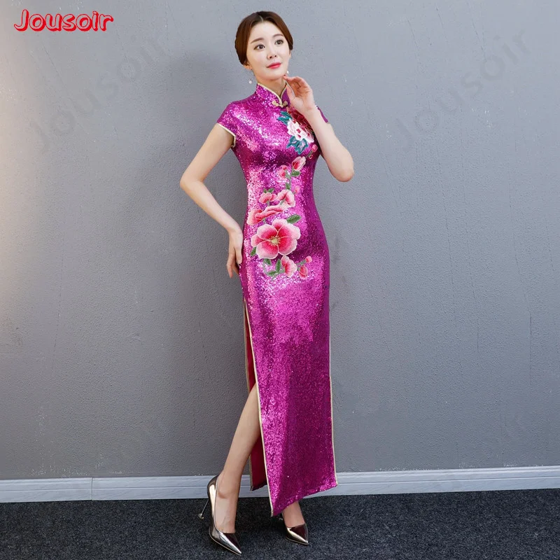 2018 Блестки Кружева Длинные изменение cheongsam производительности Подиум костюм