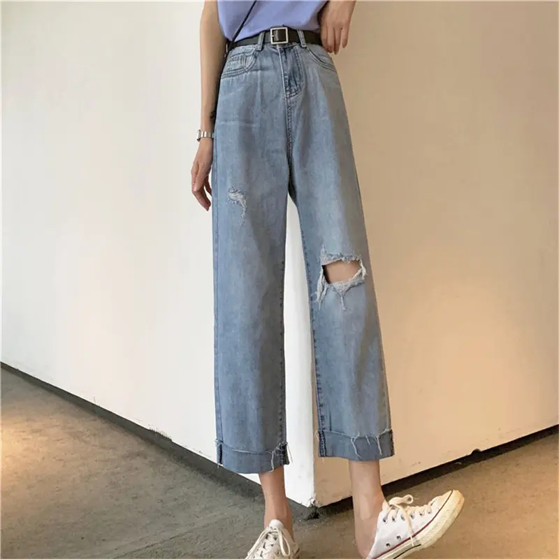 

HziriP Hole Female Loose New Arrival Summer Women Jeans All Match Denim High Waist 2019 Straight Ankle Length Blue Trousers