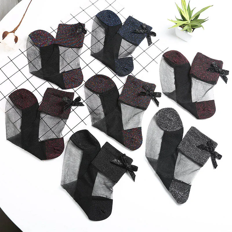 [EIOISAPRA] ультра тонкие прозрачные носки из золотого и серебряного шелка с бантом