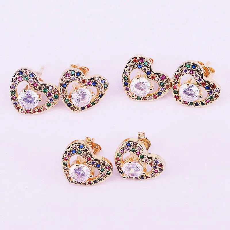 

10 пар радужных кристаллов циркония серьги золотого цвета Сердце CZ серьги гвоздики для женщин модные ювелирные изделия
