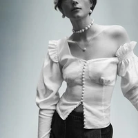 women 2018 spring women blouse female sexy vintage royal skew collar slim ruffles white blouse top
