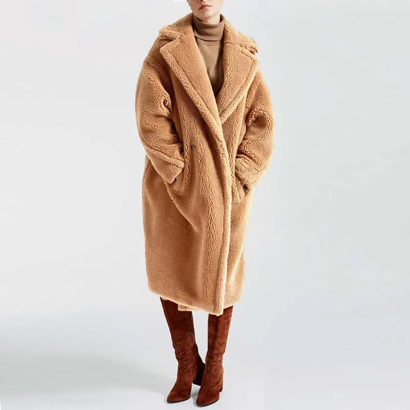 Light Camel Зимняя шуба из искусственного меха с леопардовым принтом, Teddy Bear пальто Для женщин Хай-стрит Негабаритных Плюшевые куртки и пальто для будущих мам из поярок пальто с искусственным мехом, пальто - Цвет: Light Camel