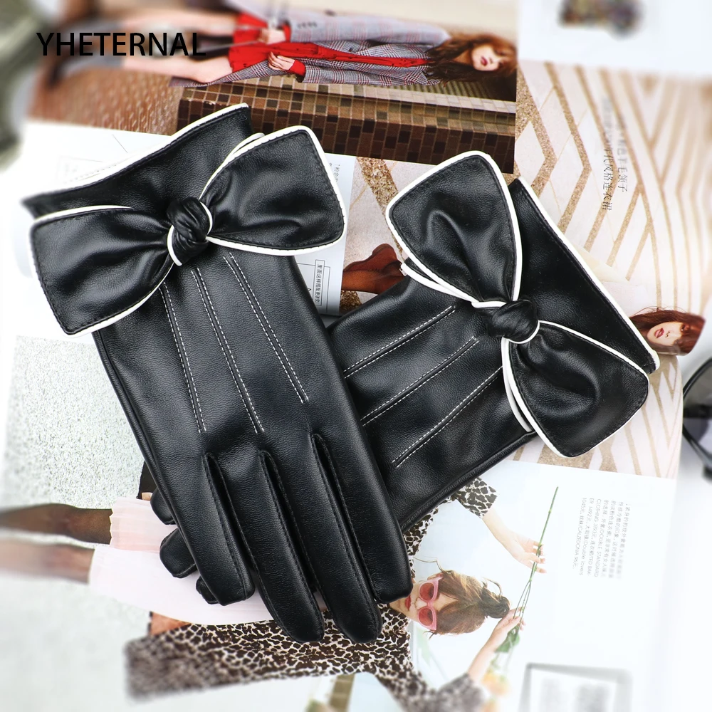 Short Gloves For Women Fashion White Border Bow PU Leather Black Female Winter Warm Velvet Touchscreen | Аксессуары для одежды
