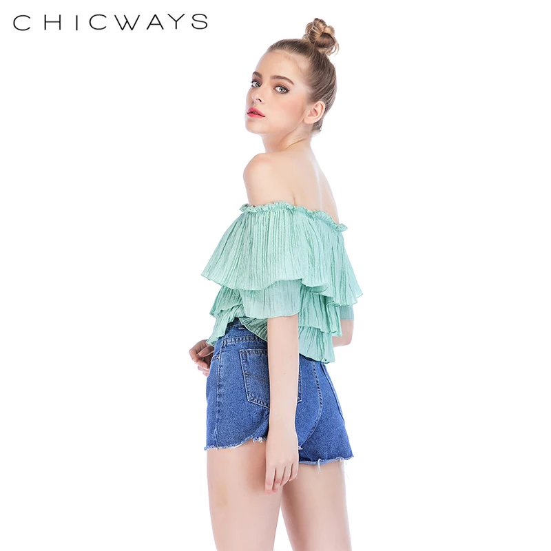 Chicways/летние женские топы с открытыми плечами укороченный топ двойными рюшами