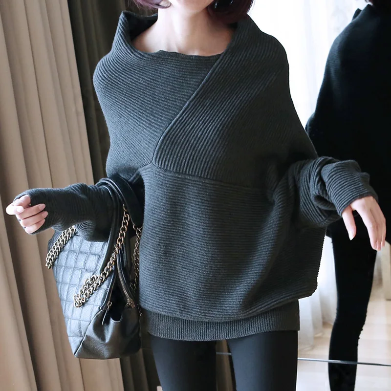 Irregular Collar Sweater Women Winter Female Off Shoulder Batwing Sleeve Pullovers Knitwear Warp 2018 Plus Size Befree Cloth | Женская