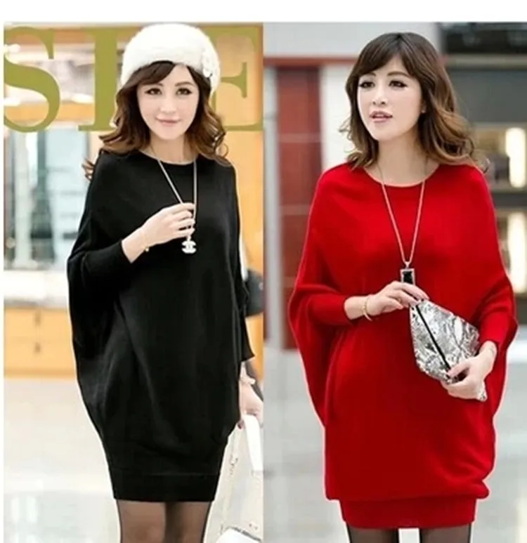 pull femme 2015 new Korean plus size women fall&ampwinter clothes bat sleeve o-neck long sweater dress female oversized | Женская одежда