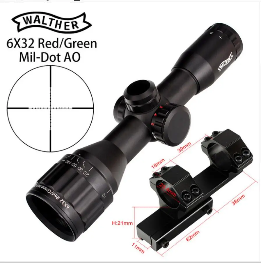 with dovetail ring3 WALTHER 6x32 AO мини Mil-Dot двойной цвет с подсветкой сетка охотничий прицел тактический оптический прицел - Цвет: with dovetail ring3