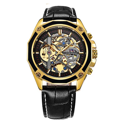 LEATHER BLACK BLACK FORSINING золотые Лидирующий бренд Роскошные Авто механические часы для мужчин Нержавеющая сталь ремешок Скелет циферблат мода Бизнес наручные часы - Цвет: LEATHER BLACK BLACK