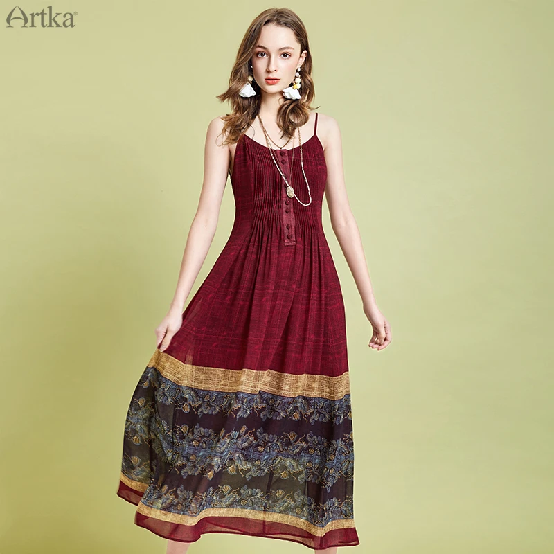 Женское винтажное шифоновое платье ARTKA Красное длинное в богемном стиле на