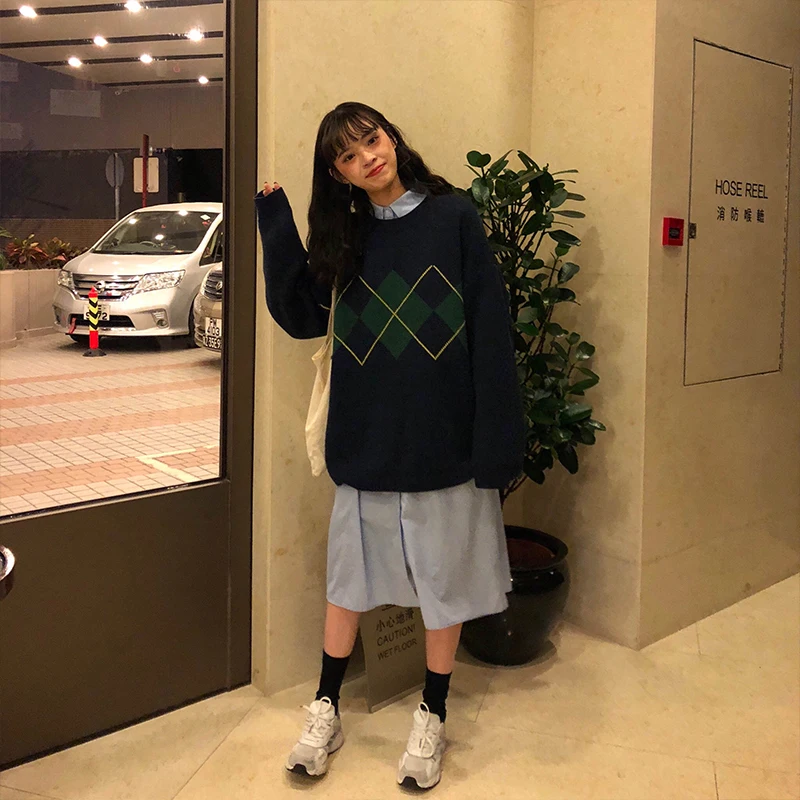 3 colors 2018 autumn and winter korean style o neck loose Argyle knitted warm sweaters womens pullovers (X998) | Женская одежда