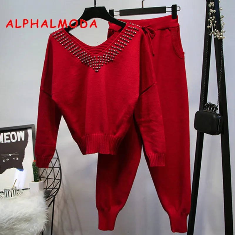 ALPHALMODA 2018 осенне зимний женский Модный трикотажный спортивный костюм с v образным