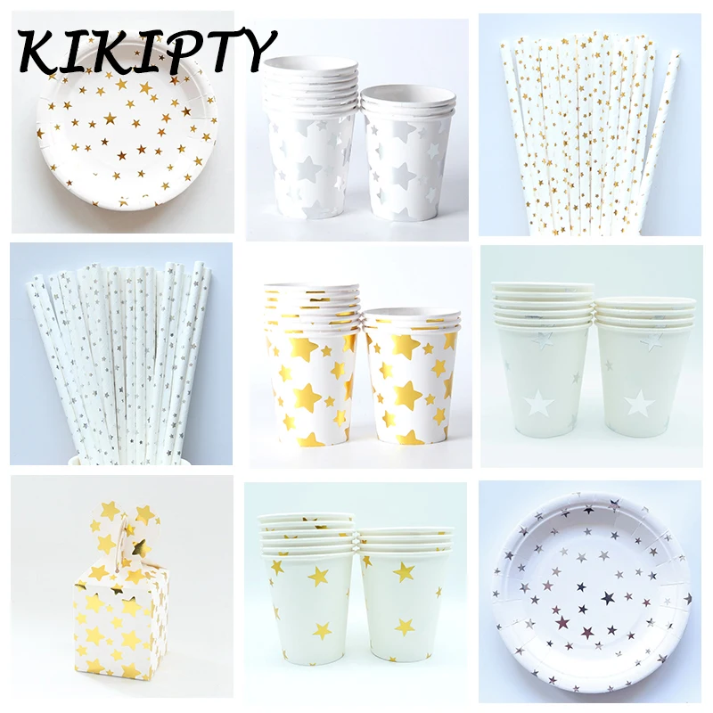 Золотисто серебристая бумажная чашка/тарелка/салфетка в форме звезды соломинки