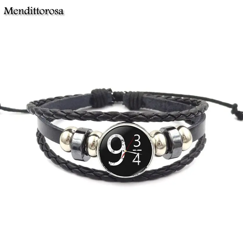 Mendittorosa Vintage Fashion Glass Black Leather Bracelet Bangles Jewelry Handmade For Girl Platform 9 34 Hogwart Express | Украшения и