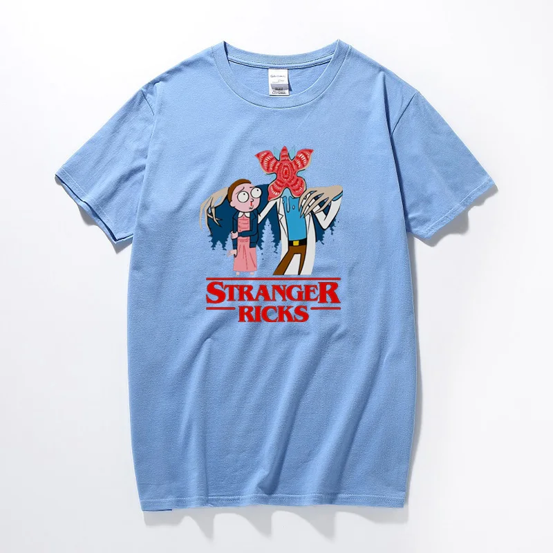 Мужская забавная футболка, Рик и Морти, Mash Up Stranger Things, футболка, Stranger Ricks, хлопковая футболка с коротким рукавом, топы, Camisetas Hombre - Цвет: Небесно-голубой