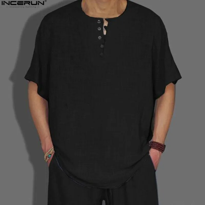 Black INCERUN style, летняя мужская рубашка, базовая блуза, одноцветная, на пуговицах, Декор, повседневные свободные топы, мужская повседневная рубашка - Цвет: Black