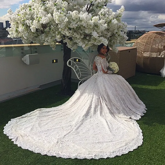 Luxury Bateau Sheer Long Sleeve with Lace Beads Flowers Arabic Bridal Ball Gown Long Train Wedding Dress Vestido