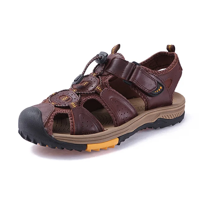 V7257-Dark brown Мужские сандалии; коллекция года; Летние сандалии из натуральной кожи; мужская повседневная обувь; кроссовки; пляжная обувь; мужские сандалии на резиновой подошве - Цвет: V7257-Dark brown